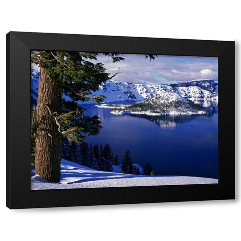 OR, Crater Lake NP View of snowy lake and island Black Modern Wood Framed Art Print by Flaherty, Dennis