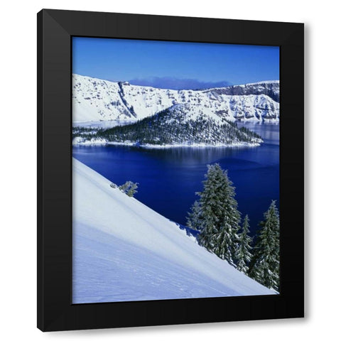 OR, Crater Lake NP Wizard Island in Crater Lake Black Modern Wood Framed Art Print with Double Matting by Flaherty, Dennis