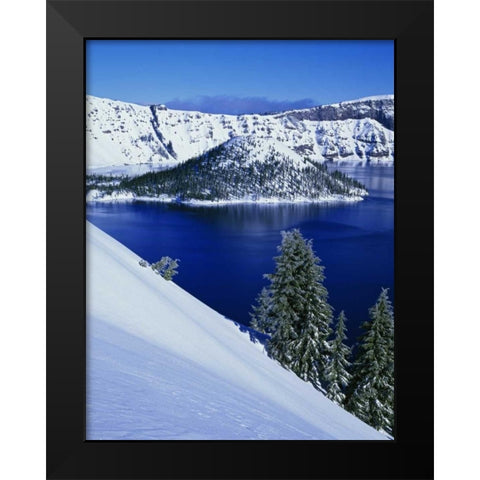 OR, Crater Lake NP Wizard Island in Crater Lake Black Modern Wood Framed Art Print by Flaherty, Dennis