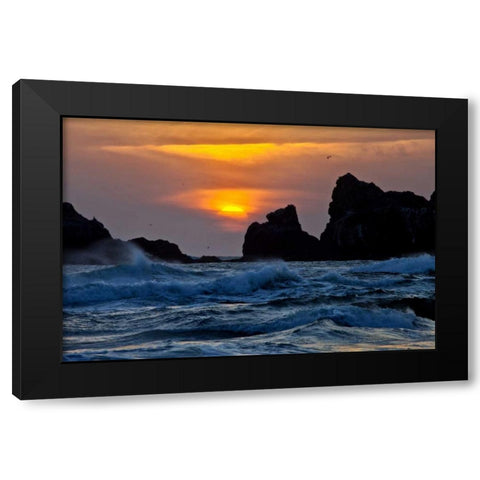 USA, Oregon, Bandon Sunset over sea stacks Black Modern Wood Framed Art Print by Carter, Jean