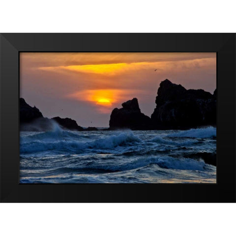 USA, Oregon, Bandon Sunset over sea stacks Black Modern Wood Framed Art Print by Carter, Jean