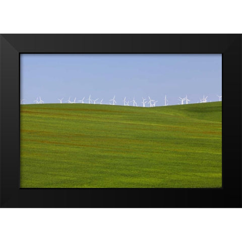 OR, Wasco Wind turbines on verdant farm field Black Modern Wood Framed Art Print by Paulson, Don