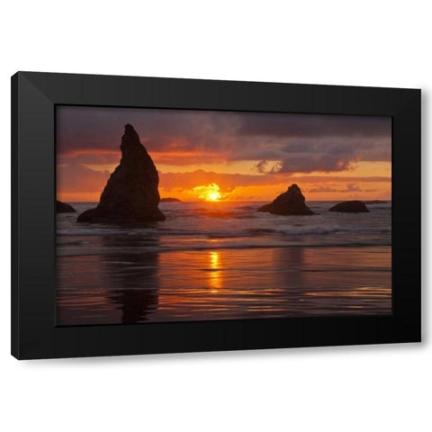 Oregon, Bandon Beach Sunset over seastacks Black Modern Wood Framed Art Print with Double Matting by Illg, Cathy and Gordon