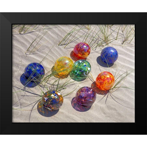 USA, Oregon Colorful glass floats on sand dune Black Modern Wood Framed Art Print by Terrill, Steve