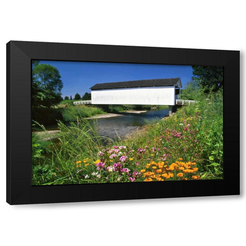 OR, Gallon House covered bridge over Abiqua Creek Black Modern Wood Framed Art Print by Terrill, Steve