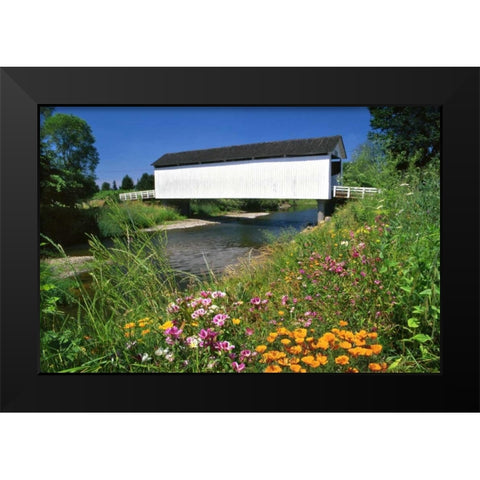 OR, Gallon House covered bridge over Abiqua Creek Black Modern Wood Framed Art Print by Terrill, Steve