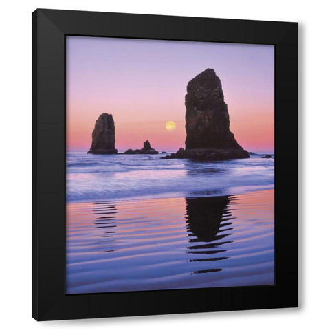 OR, Cannon Beach Moonset at The Needles monolith Black Modern Wood Framed Art Print by Terrill, Steve