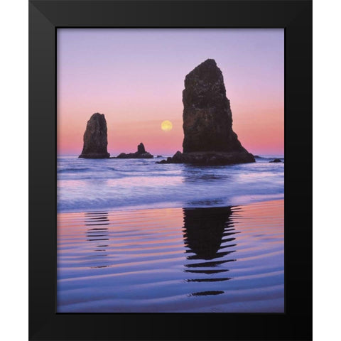 OR, Cannon Beach Moonset at The Needles monolith Black Modern Wood Framed Art Print by Terrill, Steve