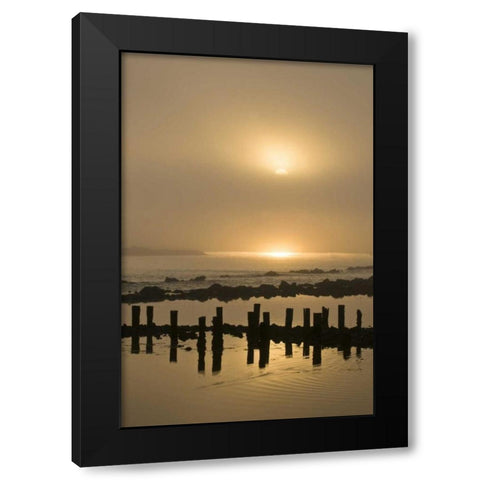 Oregon Foggy sunrise on Bandon Beach pilings Black Modern Wood Framed Art Print by Rotenberg, Nancy
