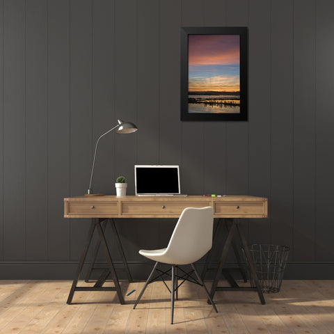 OR, Bandon Sunrise God rays over harbor Black Modern Wood Framed Art Print by Rotenberg, Nancy