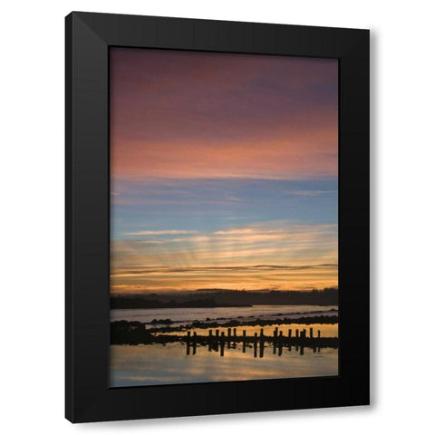OR, Bandon Sunrise God rays over harbor Black Modern Wood Framed Art Print by Rotenberg, Nancy