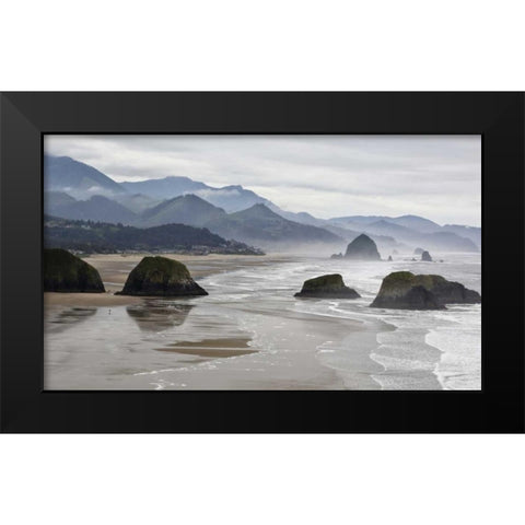 Oregon, Cannon Beach Fog rises over coastline Black Modern Wood Framed Art Print by Carter, Jean