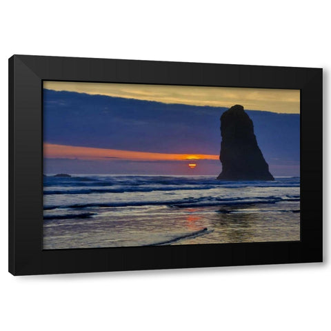 Oregon, Cannon Beach Sunset on lone seastack Black Modern Wood Framed Art Print with Double Matting by Carter, Jean