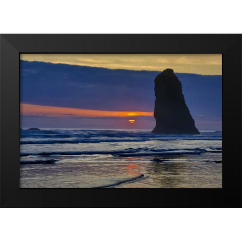 Oregon, Cannon Beach Sunset on lone seastack Black Modern Wood Framed Art Print by Carter, Jean