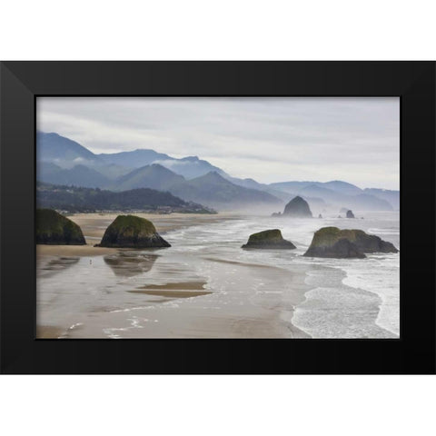 Oregon, Cannon Beach Fog rises over coastline Black Modern Wood Framed Art Print by Carter, Jean