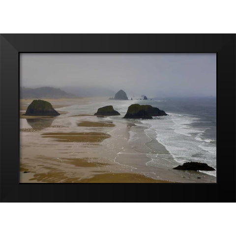 OR, Cannon Beach Foggy morning on coastline Black Modern Wood Framed Art Print by Carter, Jean