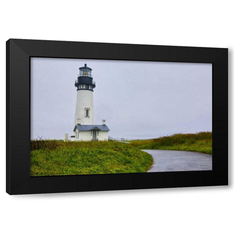 USA, Oregon Yaquina Head Lighthouse on foggy day Black Modern Wood Framed Art Print by Carter, Jean