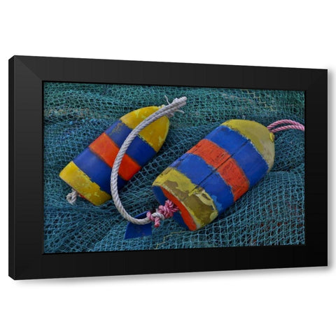 Oregon, Garibaldi Blue fishing nets with buoys Black Modern Wood Framed Art Print by Carter, Jean