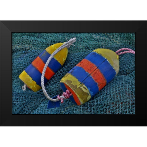 Oregon, Garibaldi Blue fishing nets with buoys Black Modern Wood Framed Art Print by Carter, Jean