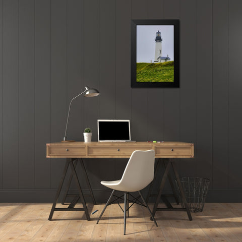 USA, Oregon Yaquina Head Lighthouse on foggy day Black Modern Wood Framed Art Print by Carter, Jean