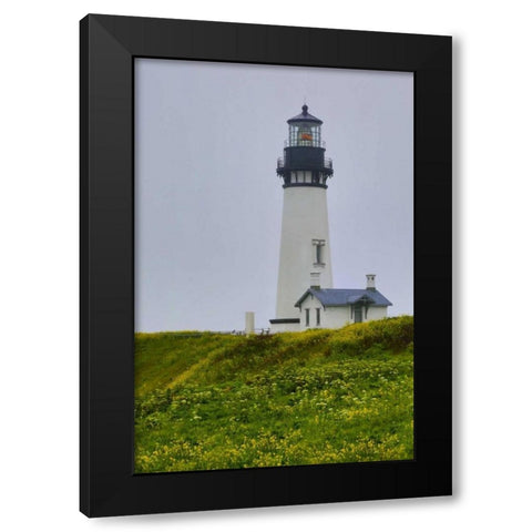 USA, Oregon Yaquina Head Lighthouse on foggy day Black Modern Wood Framed Art Print by Carter, Jean