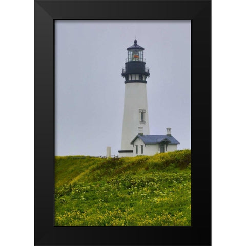 USA, Oregon Yaquina Head Lighthouse on foggy day Black Modern Wood Framed Art Print by Carter, Jean