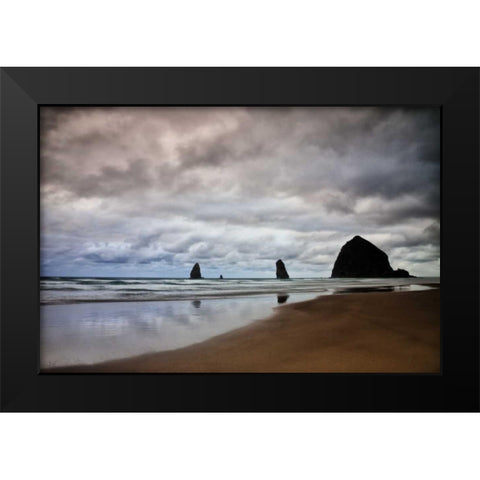 Oregon, Cannon Beach Haystack Rock at low tide Black Modern Wood Framed Art Print by Carter, Jean