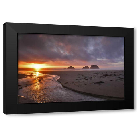 Oregon, Oceanside Sunset on Three Arch Rocks Black Modern Wood Framed Art Print by Terrill, Steve