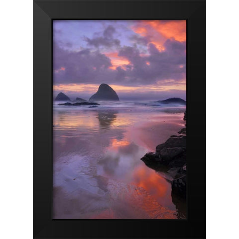 Oregon, Oceanside Sunset on beach and sea stacks Black Modern Wood Framed Art Print by Terrill, Steve