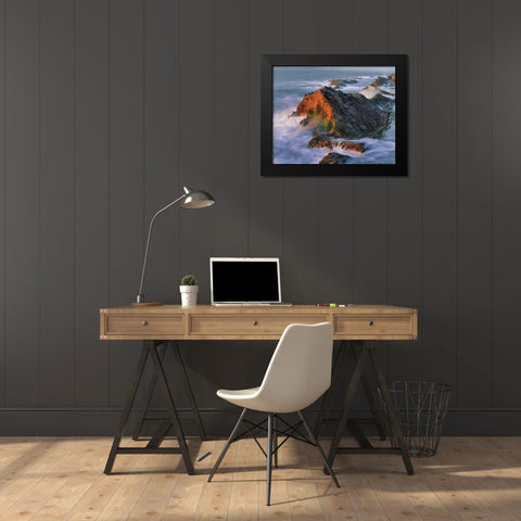 OR, Shore Acres SP Sunset on ocean shore cliffs Black Modern Wood Framed Art Print by Terrill, Steve