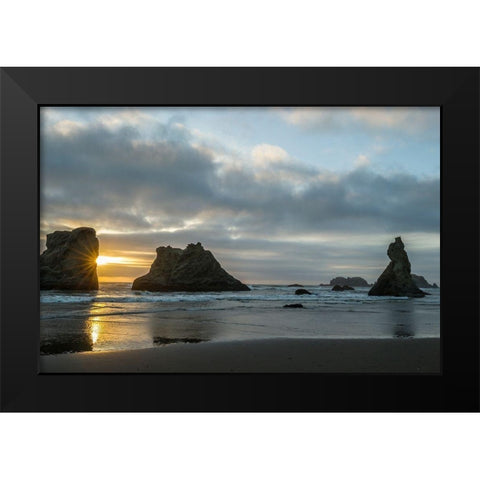 Oregon-Bandon Beach Wizards Hat and other formations at sunset  Black Modern Wood Framed Art Print by Jaynes Gallery