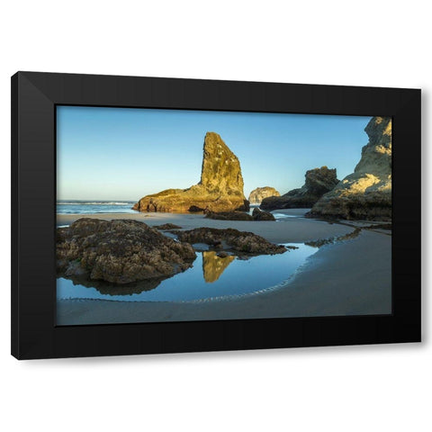 Oregon-Bandon Beach Rock formations and reflection in beach water  Black Modern Wood Framed Art Print by Jaynes Gallery