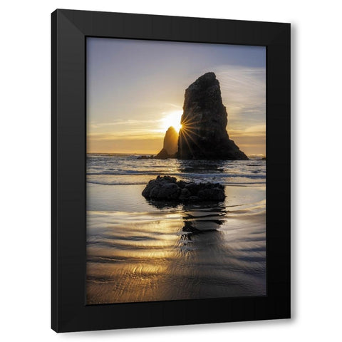Haystack Rock Pinnacles at low tide in Cannon Beach-Oregon-USA Black Modern Wood Framed Art Print with Double Matting by Haney, Chuck