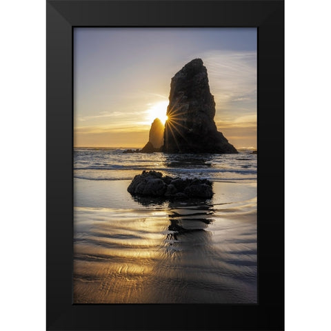 Haystack Rock Pinnacles at low tide in Cannon Beach-Oregon-USA Black Modern Wood Framed Art Print by Haney, Chuck