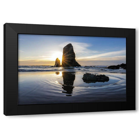 Haystack Rock Pinnacles at low tide in Cannon Beach-Oregon-USA Black Modern Wood Framed Art Print with Double Matting by Haney, Chuck