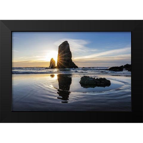 Haystack Rock Pinnacles at low tide in Cannon Beach-Oregon-USA Black Modern Wood Framed Art Print by Haney, Chuck