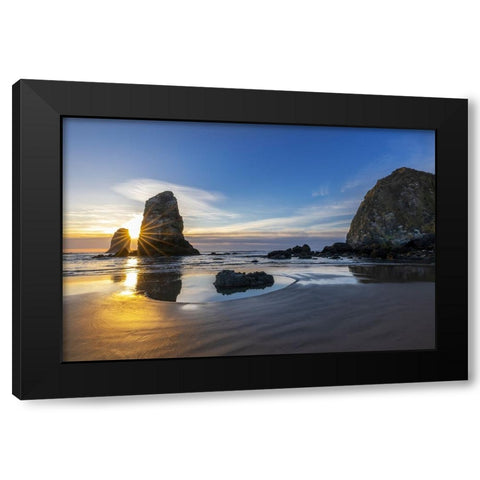 Haystack Rock Pinnacles at low tide in Cannon Beach-Oregon-USA Black Modern Wood Framed Art Print with Double Matting by Haney, Chuck