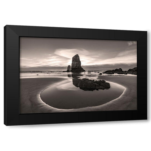 Haystack Rock Pinnacles at low tide in Cannon Beach-Oregon-USA Black Modern Wood Framed Art Print with Double Matting by Haney, Chuck