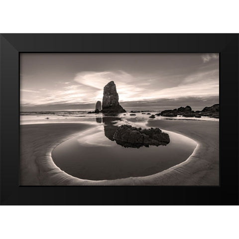 Haystack Rock Pinnacles at low tide in Cannon Beach-Oregon-USA Black Modern Wood Framed Art Print by Haney, Chuck