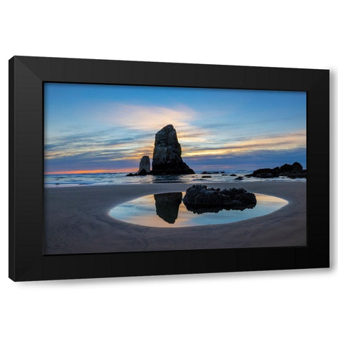 Haystack Rock Pinnacles at low tide in Cannon Beach-Oregon-USA Black Modern Wood Framed Art Print with Double Matting by Haney, Chuck