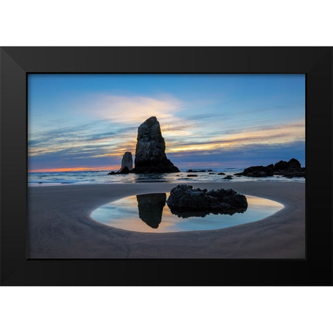 Haystack Rock Pinnacles at low tide in Cannon Beach-Oregon-USA Black Modern Wood Framed Art Print by Haney, Chuck