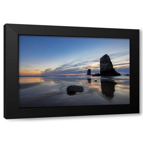 Haystack Rock Pinnacles at low tide in Cannon Beach-Oregon-USA Black Modern Wood Framed Art Print with Double Matting by Haney, Chuck
