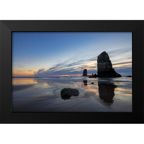 Haystack Rock Pinnacles at low tide in Cannon Beach-Oregon-USA Black Modern Wood Framed Art Print by Haney, Chuck