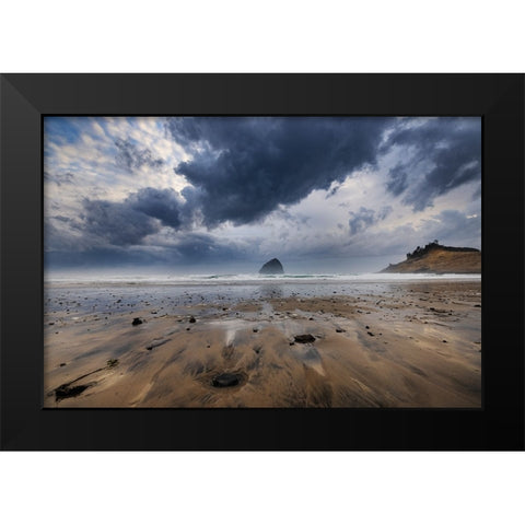 Storm clouds at low tide on beach at Cape Kiwanda in Pacific City-Oregon-USA Black Modern Wood Framed Art Print by Haney, Chuck