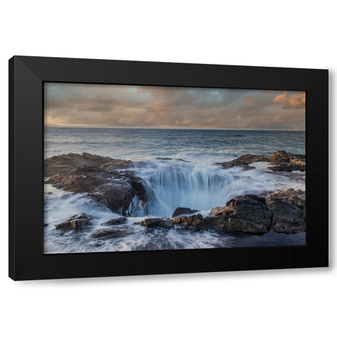 USA- Oregon- Cape Perpetua and Thors Well at sunset. Black Modern Wood Framed Art Print with Double Matting by Gulin, Darrell