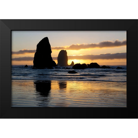 USA- Oregon. Cannon Beach and Haystack Rock at sunset Black Modern Wood Framed Art Print by Gulin, Darrell