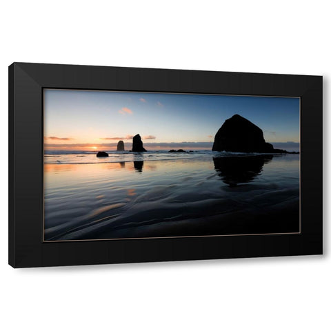 USA- Oregon. Cannon Beach and Haystack Rock at sunset Black Modern Wood Framed Art Print with Double Matting by Gulin, Darrell