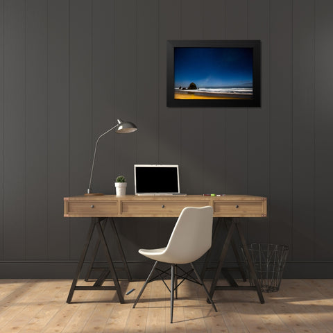 USA- Oregon. Cannon Beach and Haystack Rock stars showing during blue light. Black Modern Wood Framed Art Print by Gulin, Darrell