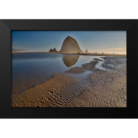 USA- Oregon. Cannon Beach with Haystack near sunset and low tide. Black Modern Wood Framed Art Print by Gulin, Darrell