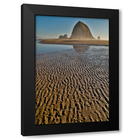 USA- Oregon. Cannon Beach with Haystack near sunset and low tide. Black Modern Wood Framed Art Print by Gulin, Darrell